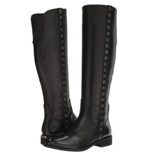 Michael Kors Dora Black Leather Grommet Riding Boots 8.5 Knee High Flat Heel